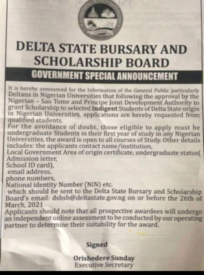 Call for Application: Delta State Bursary and Scholarship Board for Nigerians 2021