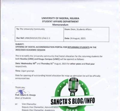 UNN notice on opening of hostel accommodation portal, 2022/2023