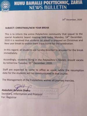 NUBAPOLY issues notice on christmas/new year break