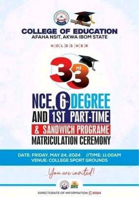 Akwa Ibom State College of Education 33rd Matriculation Ceremony holds 24th May, 2024