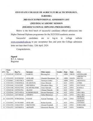 OYSCATECH 3rd batch HND admission list, 2023/2024