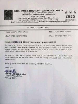 OGITECH notice to NDI & HNDI students on 2nd semester exam clearance, 2022/2023