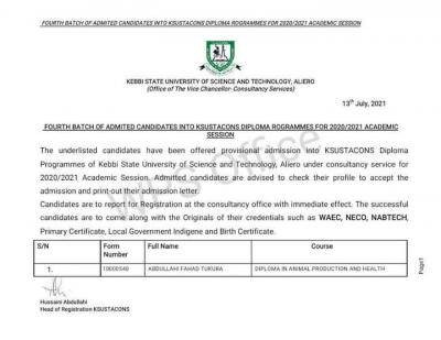 KSUSTA 4th Batch diploma admission list, 2020/2021