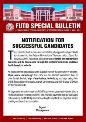 Federal University of Transport, Daura  notice to all admitted candidates, 2023/2024