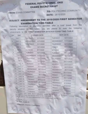 OKOPOLY amended 1st semester exam timetable for 2019/2020