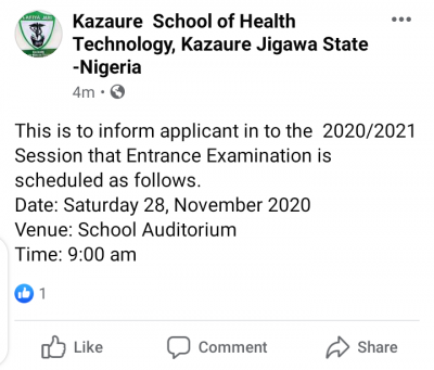 School of Health Technology, Kazaure entrance exam date for 2020/2021