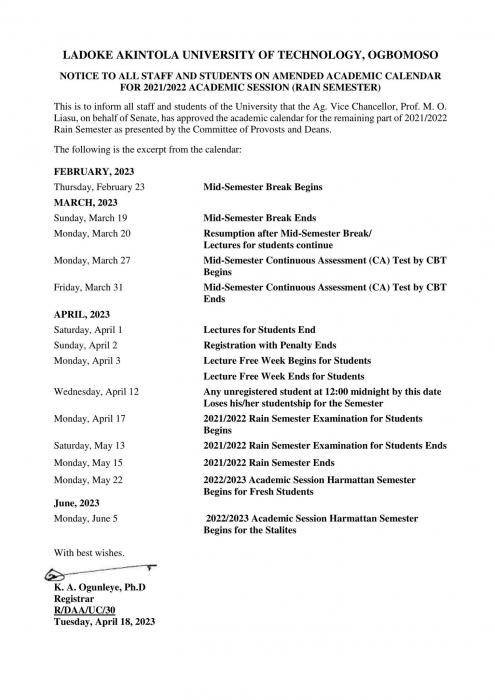 LAUTECH amended academic calendar (Rain Semester), 2021/2022
