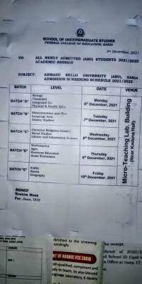 FCE Zaria screening schedule for newly admitted degree Students, 2021/2022