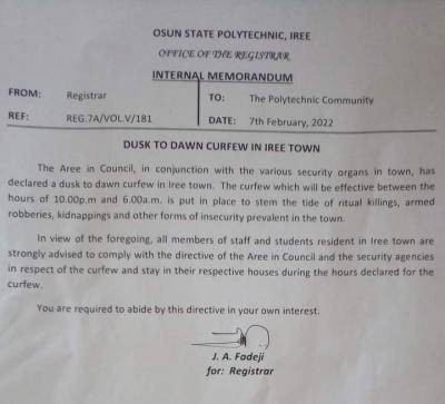 OSPOLY notice on dusk to dawn curfew in Iree town