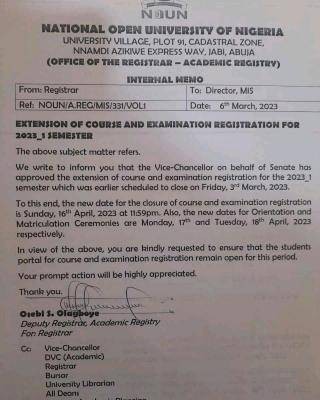 NOUN notice on extension of course and examination registration for 2023_ 1st semester