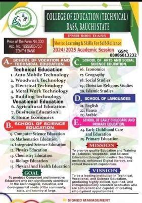 College of Education (Tech). Bauchi Admission form, 2024/2025