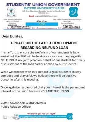 BUK SUG issues important update to students regarding NELFUND Loan