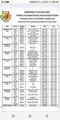 Plateau State Polytechnic 1st semester Exam time table, 2019/2020