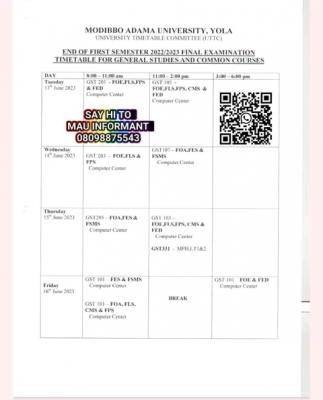 MAUTECH first semester examination time-table for GST and common courses, 2022/2023 session