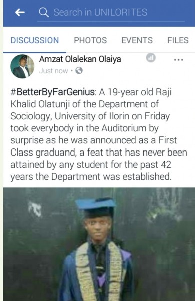 19-Year-Old UNILORIN Student Breaks 42yrs Record As A First Class Graduate Of Sociology