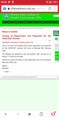 Kwara State College of Health Technology notice on registration deadline for 2020/2021 session