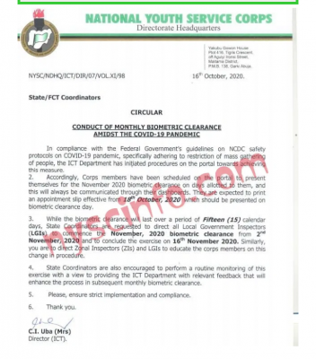 NYSC notice on monthly biometric clearance