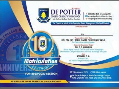 De Potter College of Health Tech 10th Matriculation Ceremony