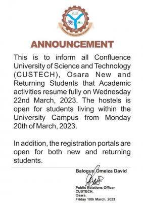 CUSTECH notice on resumption of academic activities