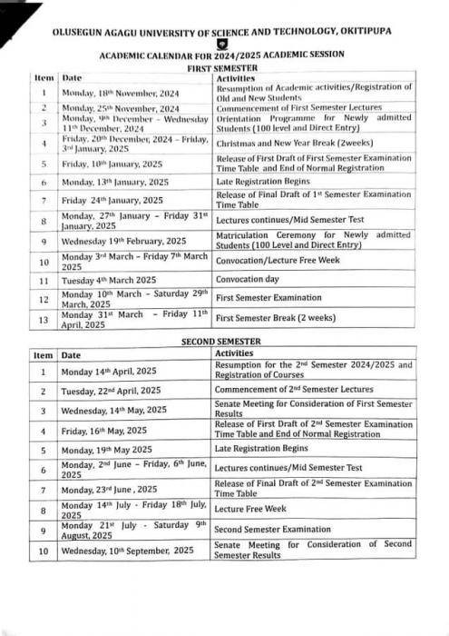 OAUSTECH releases academic calendar for 2024/2025 session