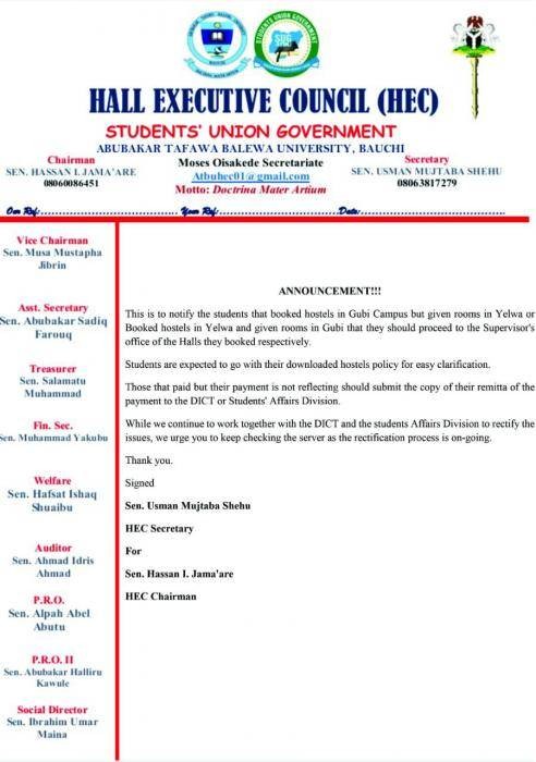 ATBU SUG important notice to students who were not given the hostel they booked