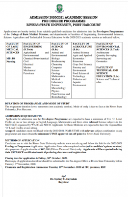 RSUST pre-degree admission form for 2020/2021 session (Updated)