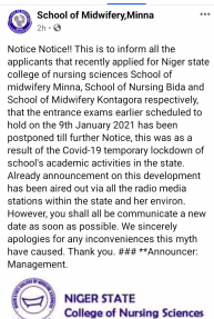 School of midwifery notice on suspension of exams