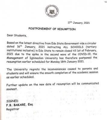 Igbinedion University postpones resumption