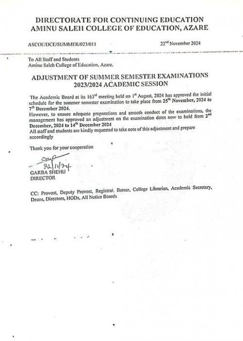 Aminu Saleh College of Education notice on summer semester exam