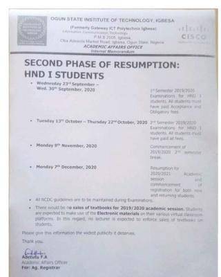 OGITECH 2nd phase resumption and exam dates for HND I students