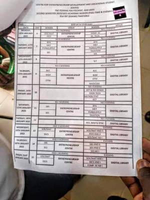 Fed Poly Ado-Ekiti second semester EED CBT Examination timetable, 2020/2021