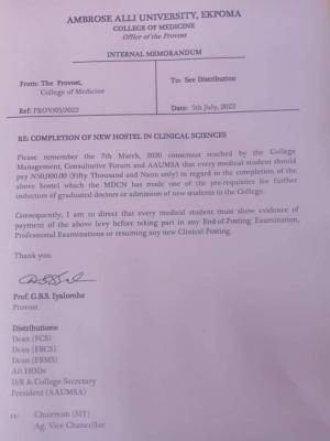 AAU Ekpoma notice to medical students on new hostel payment