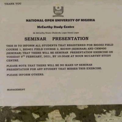 NOUN, Mccarthy Study Centre notice to students on seminar presentation