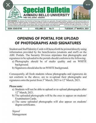 ABU notice on opening of portal for upload of photograph and signatures