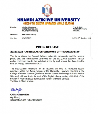 UNIZIK matriculation ceremony, 2021/2022 holds Oct. 28th