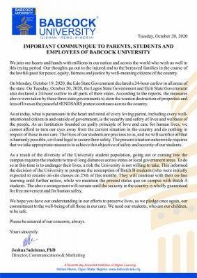 Babcock University notice on Postponement of Batch B resumption