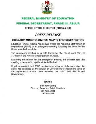 Minister of Education invites ASUP to an emergency meeting to forestall planned strike