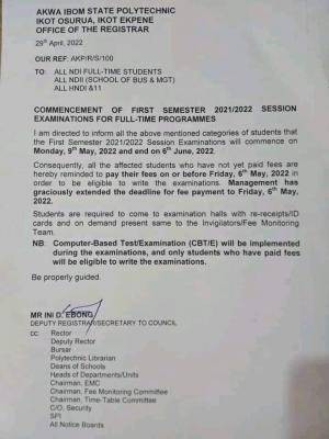 Akwa Poly notice to full-time students on 1st semester exam, 2021/2022