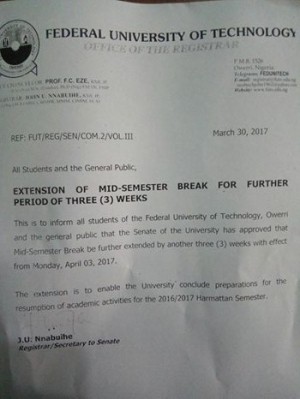 FUTO Again Extends Mid-semester Break