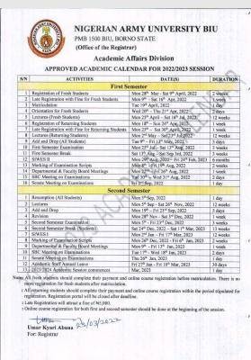 NAUB academic calendar for 2022/2023 session