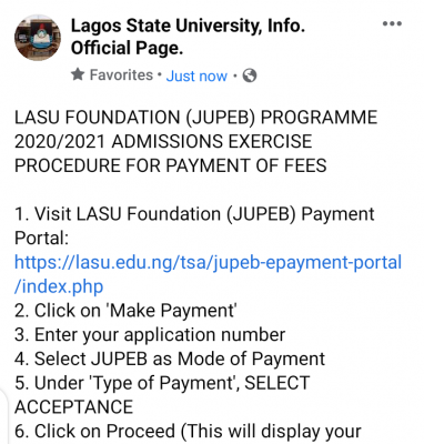 LASU acceptance fee payment procedure for admitted JUPEB students, 2020/2021