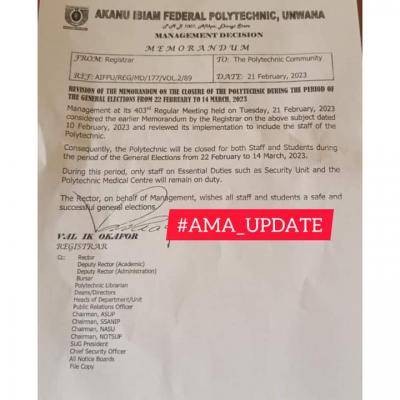 Akanu ibiam federal Polytechnic announces election break