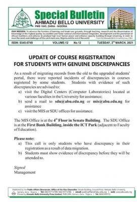 ABU notice to students with discrepancies in their course registrations