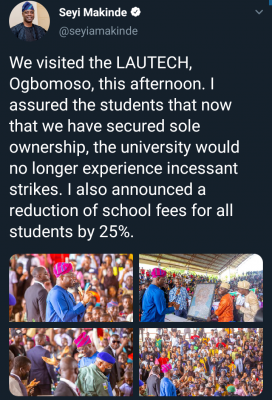 Oyo State Gov. announces 25% school fees reduction for LAUTECH