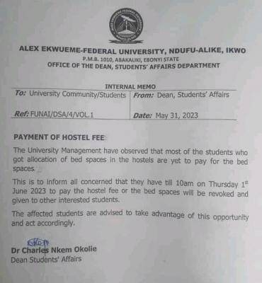 AE FUNAI notice on payment of hostel fees