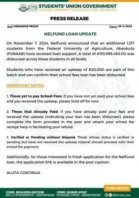 FUNAAB SUG update for students on NELFUND loan