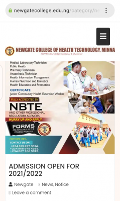 Newgate College of Health Technology, Minna admission form, 2021/2022