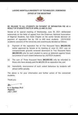 LAUTECH update on payment of reparation fee