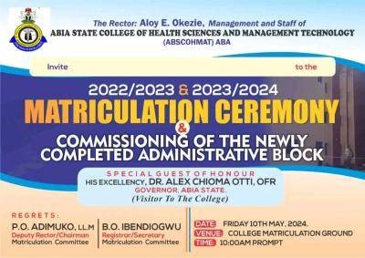 Abia College of Health Science & Tech announces matriculation ceremony, 2022/2023 & 2023/2024