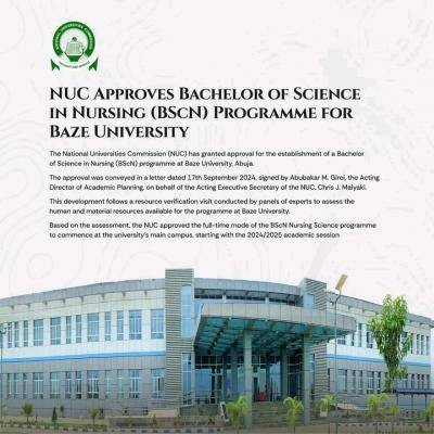 Baze University gets NUC's accreditation for Nursing Programme